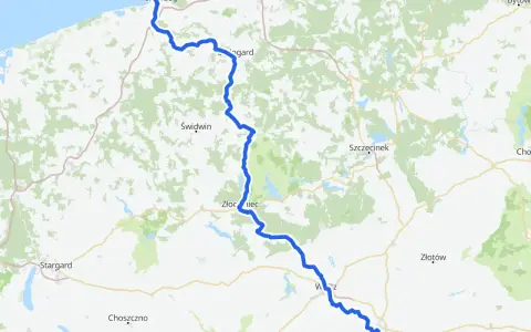 Mapa z zaznaczoną trasą rowerową od Kołobrzegu przez Złocieniec do Wałcza.