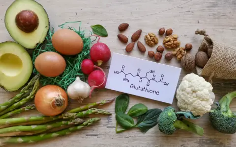 Glutation na co pomaga? Zdrowa żywność: awokado, jajka, warzywa, orzechy i wzór chemiczny glutationu.
