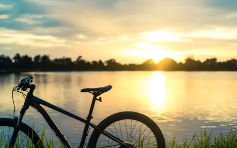Rower na tle zachodzącego słońca nad jeziorem. Idealne miejsce na odkrywanie tras rowerowych Mazur.