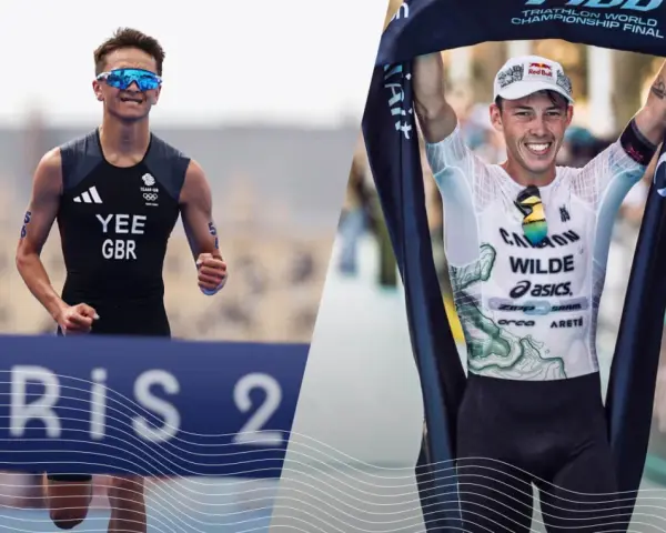 Dwóch zawodników triathlonu, Alex Yee i Hayden Wilde, po pokonaniu trudnego dystansu.