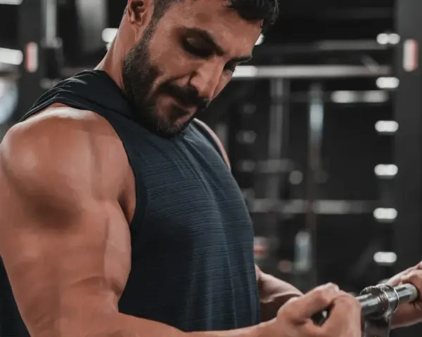 Mężczyzna ćwiczy biceps na siłowni. Zastanawia się nad cytrulina skutki uboczne, ale skupia się na treningu.