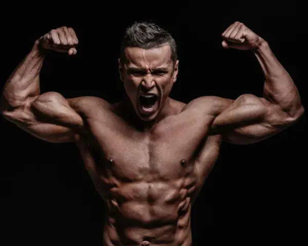 Mężczyzna z wyrzeźbionymi mięśniami napina bicepsy, krzycząc z wysiłku. Jego sylwetka sugeruje intensywny trening, być może z użyciem clenbuterolu.