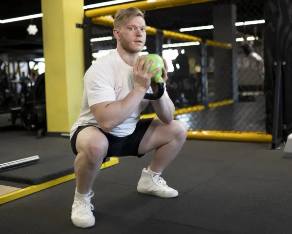 Mężczyzna w białej koszulce wykonuje przysiad z zielonym kettlebell, który przypomina kształtem puchar.