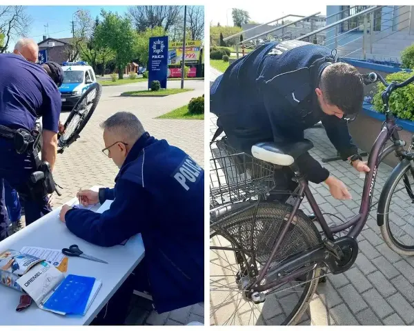 Policjanci przeprowadzają rejestrację rowerów. Na jednym zdjęciu funkcjonariusz spisuje dane, na drugim znakuje rower.