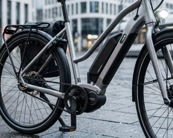Nowy, srebrny rower elektryczny z bagażnikiem i sakwą, gotowy na miejskie wyzwania. Jaki rower elektryczny wybrać? Ten wygląda świetnie!