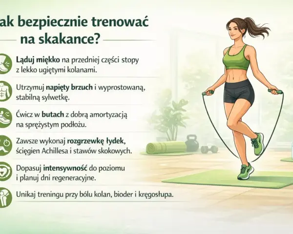 Kobieta ćwiczy skakanie na skakance, dbając o prawidłową technikę i bezpieczeństwo.