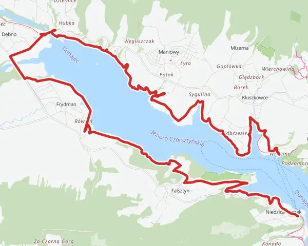 Trasa velo Dunajec wokół Jeziora Czorsztyńskiego, prowadząca przez malownicze tereny z widokiem na Dunajec.