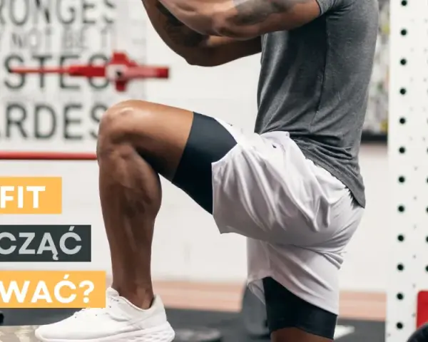 Crossfit co to? Mężczyzna wykonuje ćwiczenie w siłowni. Napisy: "Crossfit", "Jak zacząć trenować?".