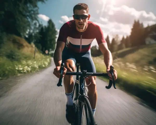 Kolarz w okularach i sportowym stroju pokonuje podjazd. Intensywny split trening na górskiej drodze.