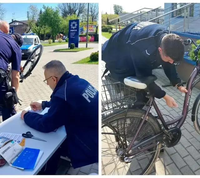 Policjanci przeprowadzają rejestrację rowerów. Na jednym zdjęciu funkcjonariusz spisuje dane, na drugim znakuje rower.