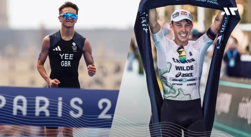 Dwóch zawodników triathlonu, Alex Yee i Hayden Wilde, po pokonaniu trudnego dystansu.