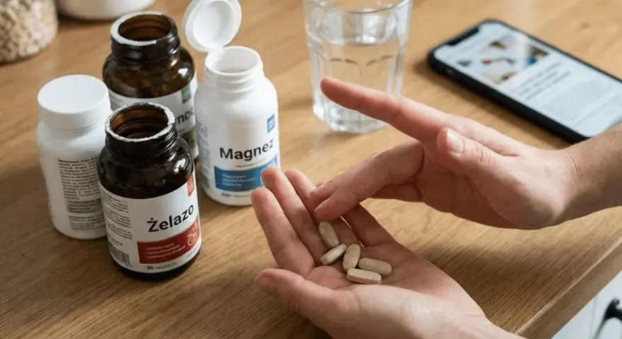 Ręce trzymające tabletki, obok butelki z napisem "Żelazo" i "Magnez". Warto wiedzieć, jakich witamin nie łączyć, by uniknąć problemów.