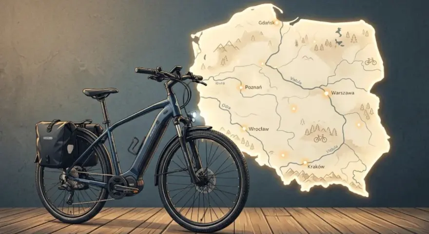 Czy rower elektryczny jest pojazdem mechanicznym? Ten rower z sakwami na tle mapy Polski sugeruje podróż po kraju.