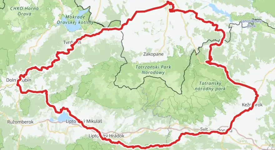 Mapa z zaznaczoną czerwoną trasą rowerową velo czorsztyn, prowadzącą przez Tatry i Niskie Tatry.