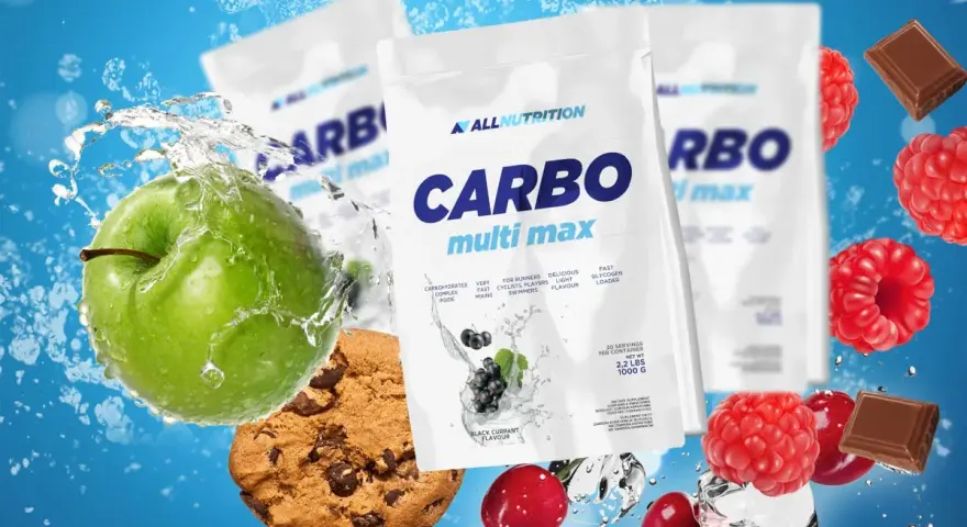 Opakowania odżywki CARBO multi max, zielone jabłko, ciastko z czekoladą, maliny i kostki lodu.