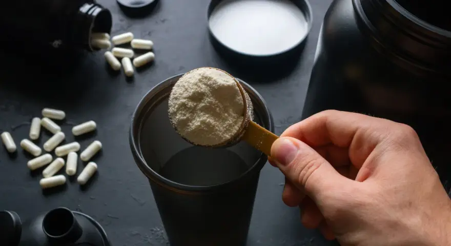 Łyżka białego proszku, czyli protein, trafia do shakera. Obok leżą kapsułki.
