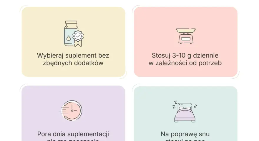Wskazówki dotyczące suplementacji glicyny: wybieraj czyste suplementy, stosuj 3-10g dziennie, pora dnia nie ma znaczenia, na sen stosuj na noc. Glicyna skutki uboczne są rzadkie przy prawidłowym dawkowaniu.