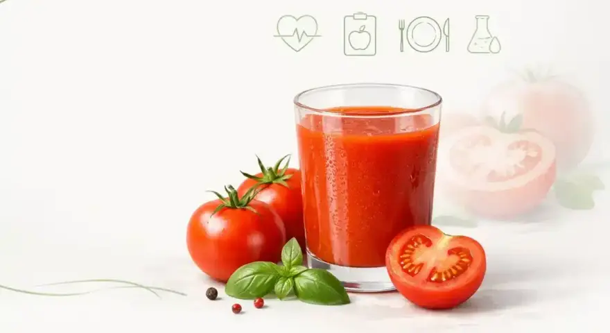 Szklanka soku pomidorowego, pomidory i bazylia. Czy sok pomidorowy jest zdrowy? Ikony symbolizujące zdrowie i dietę.