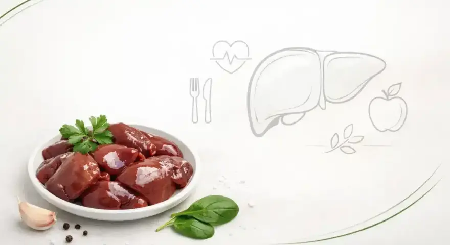 Surowa wątróbka na talerzu, obok czosnek i przyprawy. Grafika wątroby i serca sugeruje, czy wątróbka jest zdrowa.
