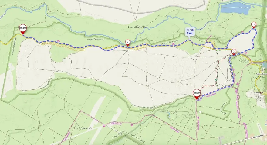 Mapa Pustyni Błędowskiej z zaznaczoną trasą rowerową Velo Przemsza. Start i meta oznaczone, punkty kontrolne 1-4.