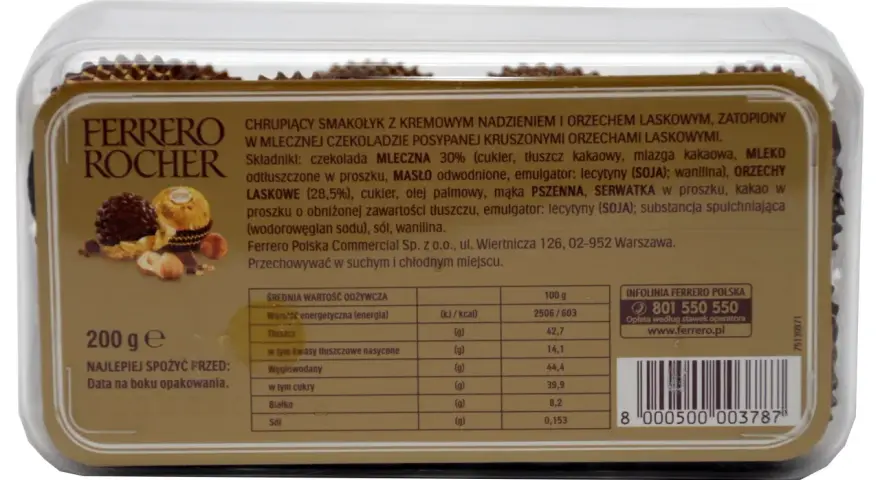 Opakowanie Ferrero Rocher z informacją o wartościach odżywczych. 100g zawiera 2506/603 kcal.