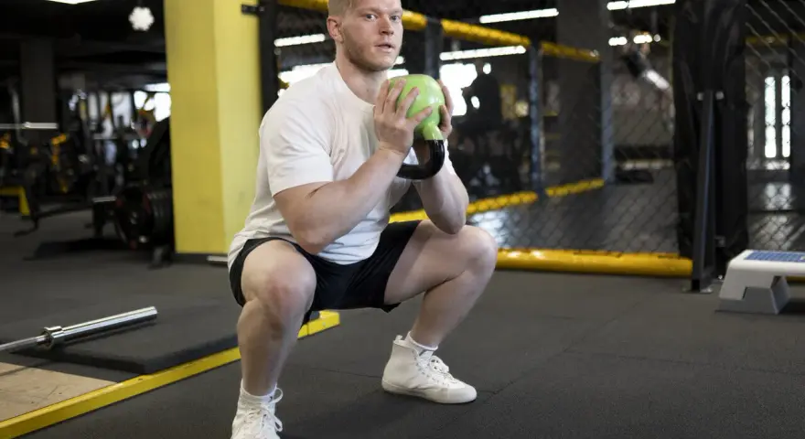 Mężczyzna w białej koszulce wykonuje przysiad z zielonym kettlebell, który przypomina kształtem puchar.