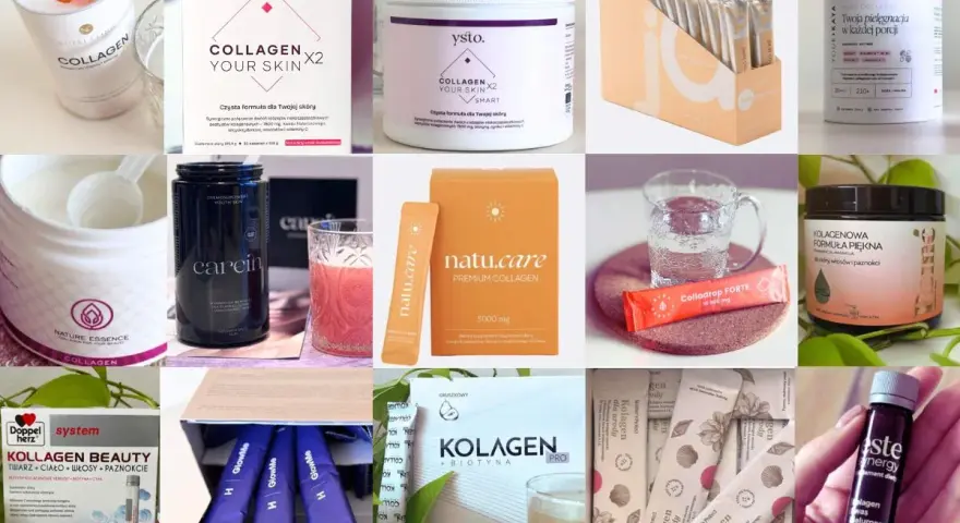 Różne produkty z kolagenem, w tym proszki, shoty i saszetki. Wybierz najlepszy kolagen na stawy dla siebie!