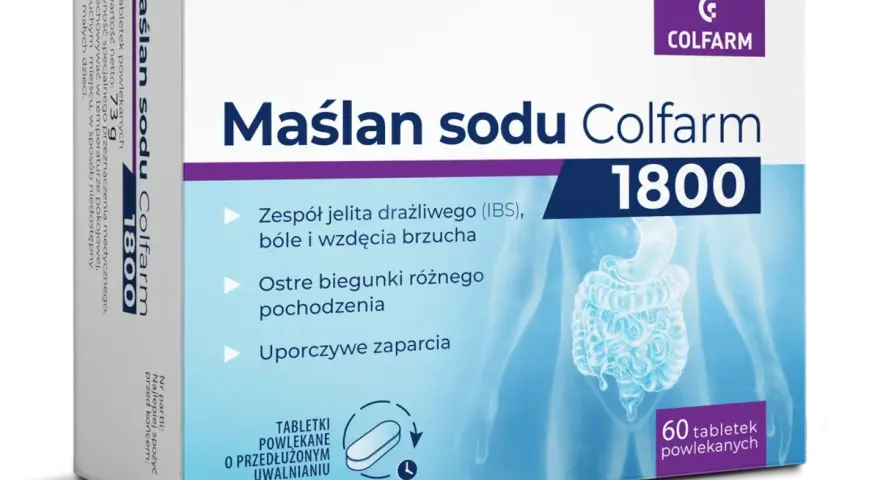 Maślan sodu Colfarm 1800 - opinie forum o ulgę w IBS, biegunkach i zaparciach. Tabletki o przedłużonym uwalnianiu.