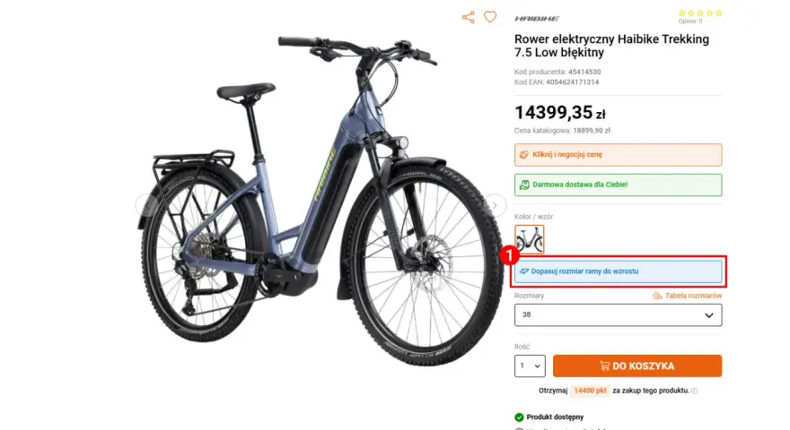 Błękitny rower elektryczny Haibike Trekking 7.5 Low. Wybierz rozmiar ramy dopasowany do wzrostu, np. 18 cali.