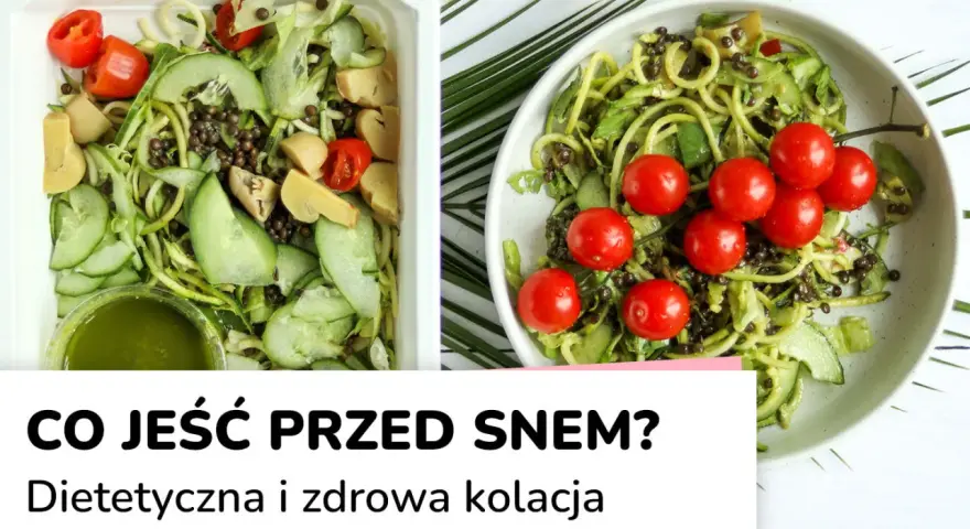 Dwie porcje lekkostrawnej kolacji: sałatka z cukinii, pomidorków i soczewicy. Idealna na wieczór.