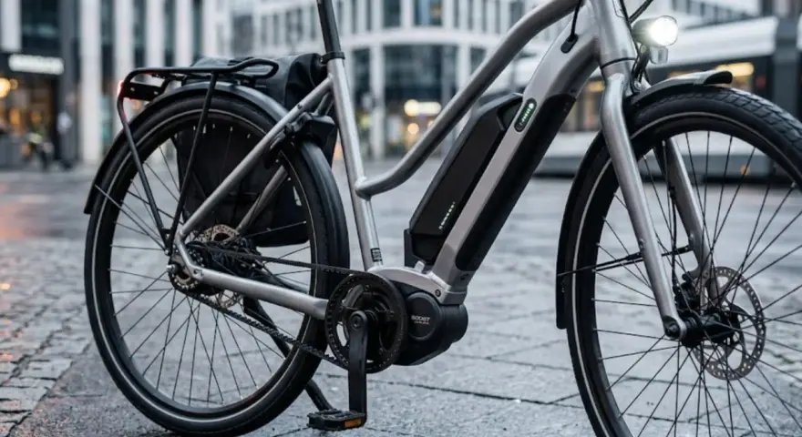 Nowy, srebrny rower elektryczny z bagażnikiem i sakwą, gotowy na miejskie wyzwania. Jaki rower elektryczny wybrać? Ten wygląda świetnie!