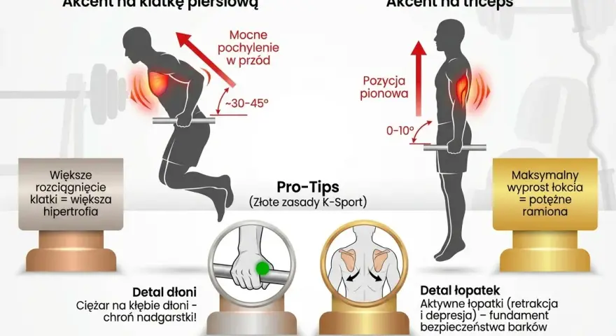 Pancerne **dipy**: porównanie akcentu na klatkę piersiową (pochylenie 30-45°) i triceps (pozycja pionowa). Wskazówki dotyczące dłoni i łopatek.