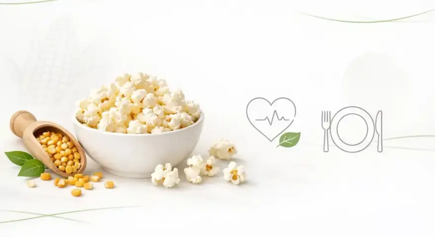 Misternie przygotowany popcorn w misce, obok ziaren kukurydzy na drewnianej łyżce. Czy popcorn tuczy? Ikony serca i talerza sugerują zdrowy wybór.