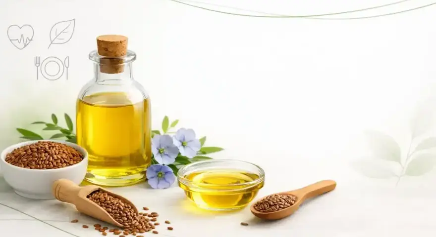 Olej lniany w butelce i miseczkach, nasiona lnu na łyżkach i w misce, niebieskie kwiaty lnu. Czy olej lniany jest zdrowy? Tak, to bogactwo kwasów omega-3.