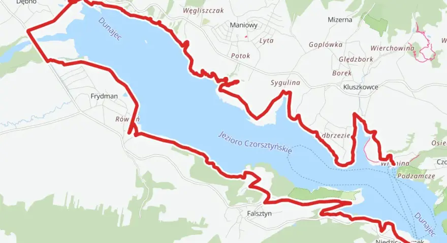 Trasa velo Dunajec wokół Jeziora Czorsztyńskiego, prowadząca przez malownicze tereny z widokiem na Dunajec.