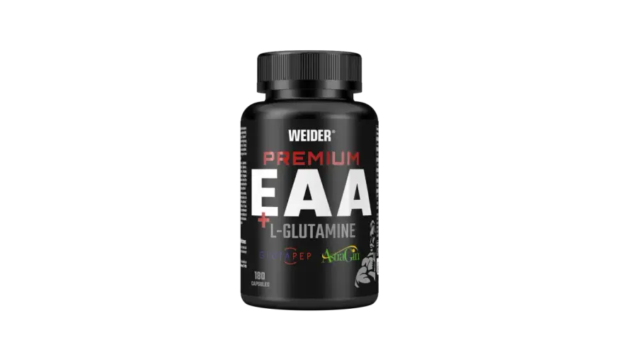 Czarny słoik suplementu Weider Premium EAA z L-glutaminą, 180 kapsułek.