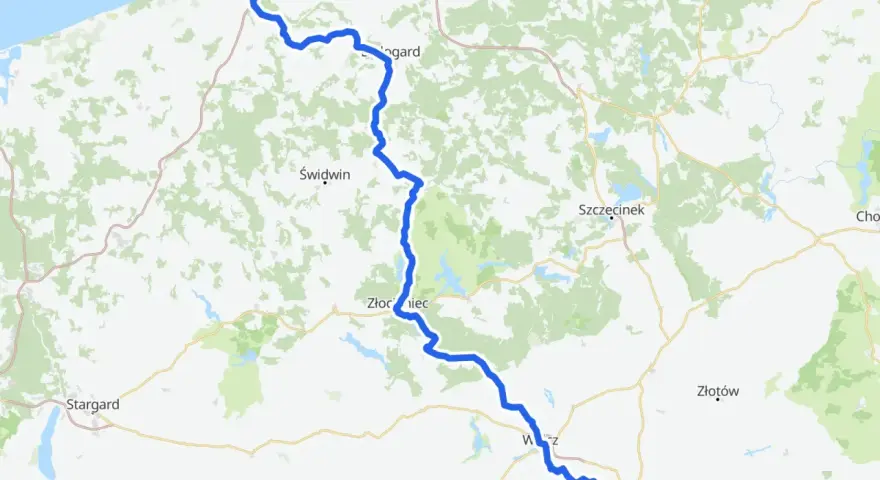 Mapa z zaznaczoną trasą rowerową od Kołobrzegu przez Złocieniec do Wałcza.