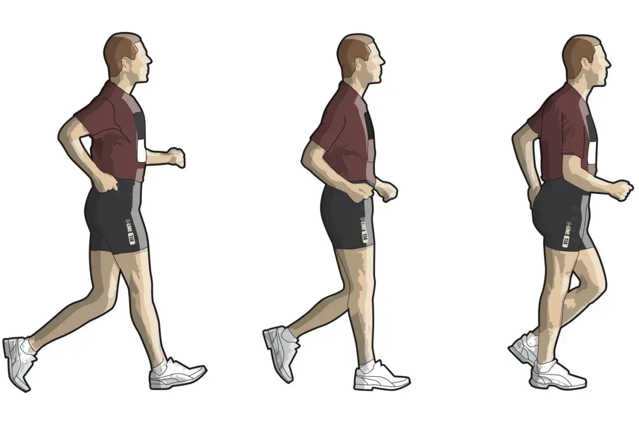 Trzy etapy techniki power walking: start, faza środkowa i finisz.