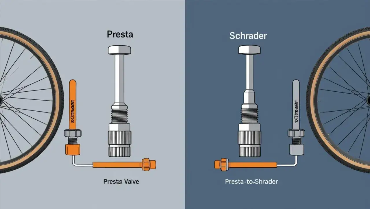Porównanie rodzajów wentyli rowerowych: Presta i Schrader. Ilustracja pokazuje adapter Presta-to-Schrader.