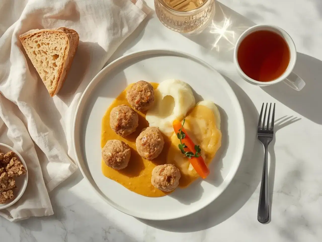 Pyszne klopsiki z puree i marchewką, idealne na dietę lekkostrawną. Do tego kromka chleba i herbata.