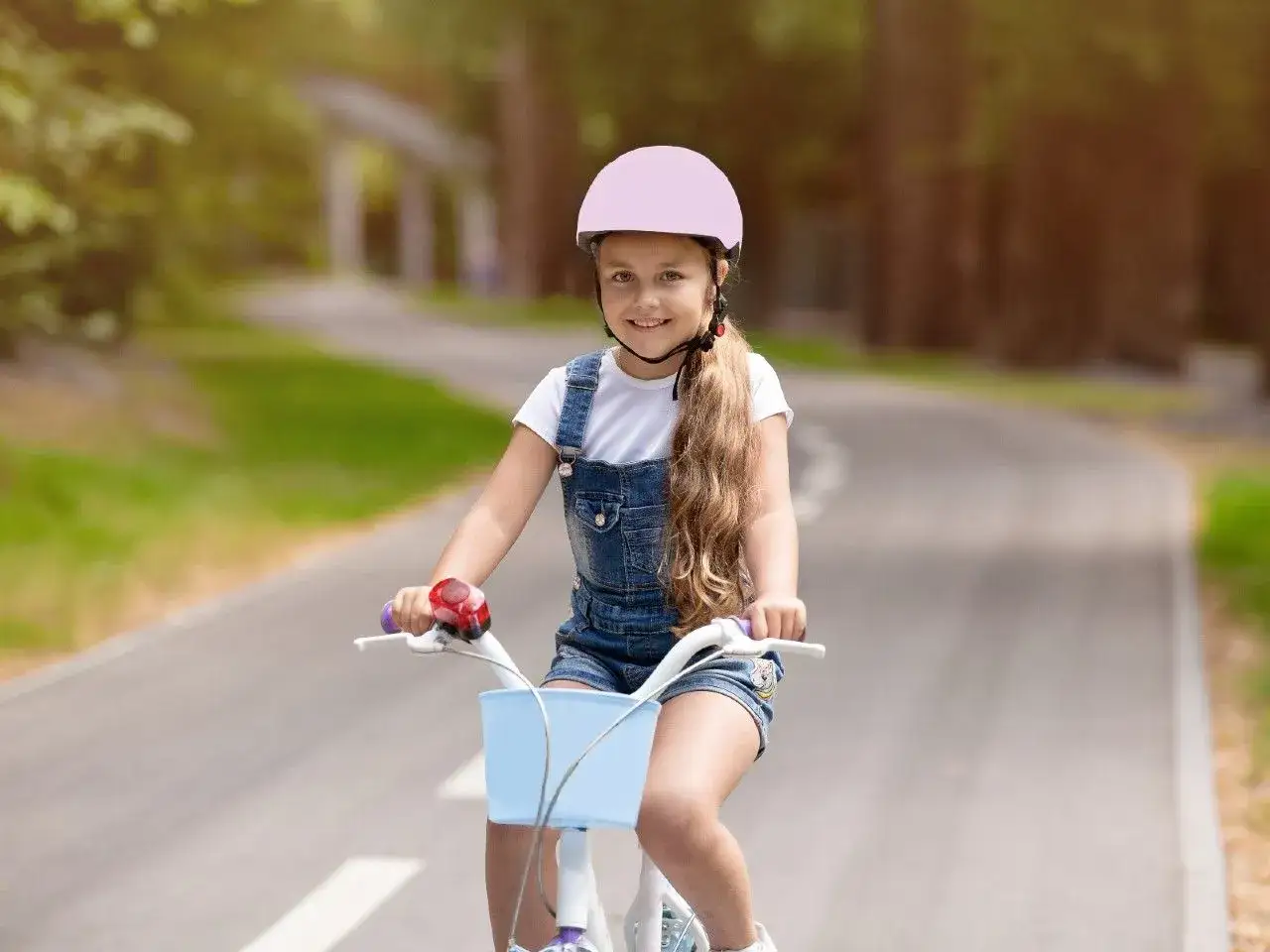 Dziewczynka na rowerze, uśmiechnięta, z kaskiem