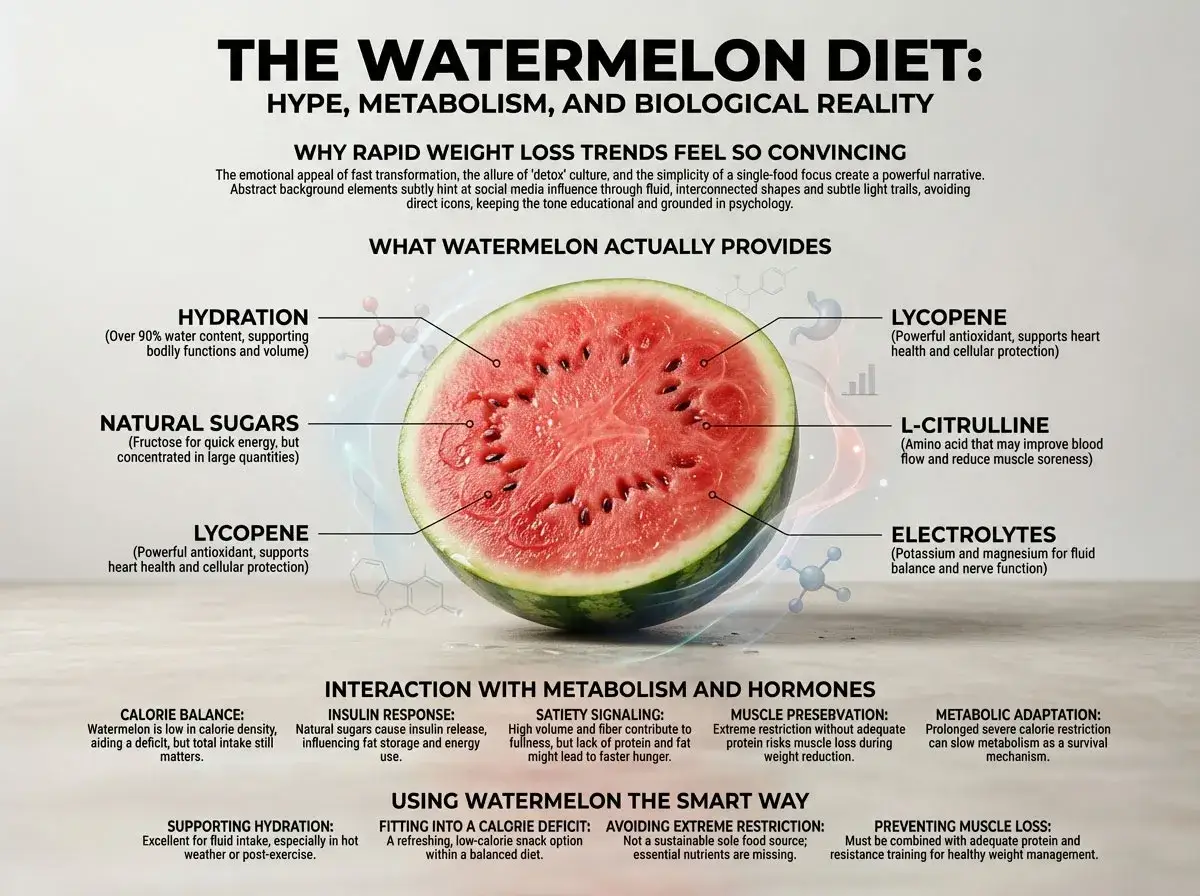 Czy arbuz tuczy? Grafika analizuje dietę arbuzową, pokazując jego składniki odżywcze i wpływ na metabolizm.
