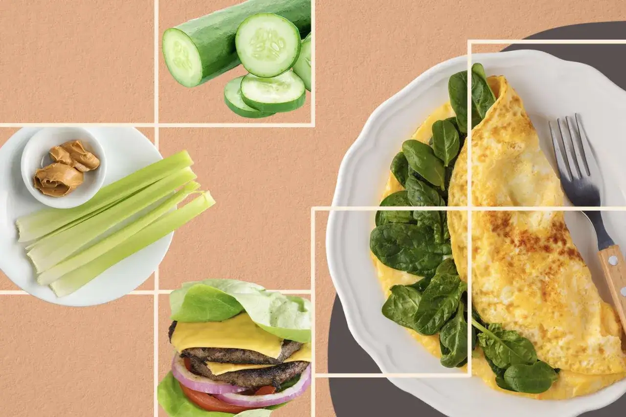 Jadłospis na 7 dni: dieta bez węglowodanów. Omlet ze szpinakiem, burger w liściu sałaty, seler z masłem orzechowym i ogórek.