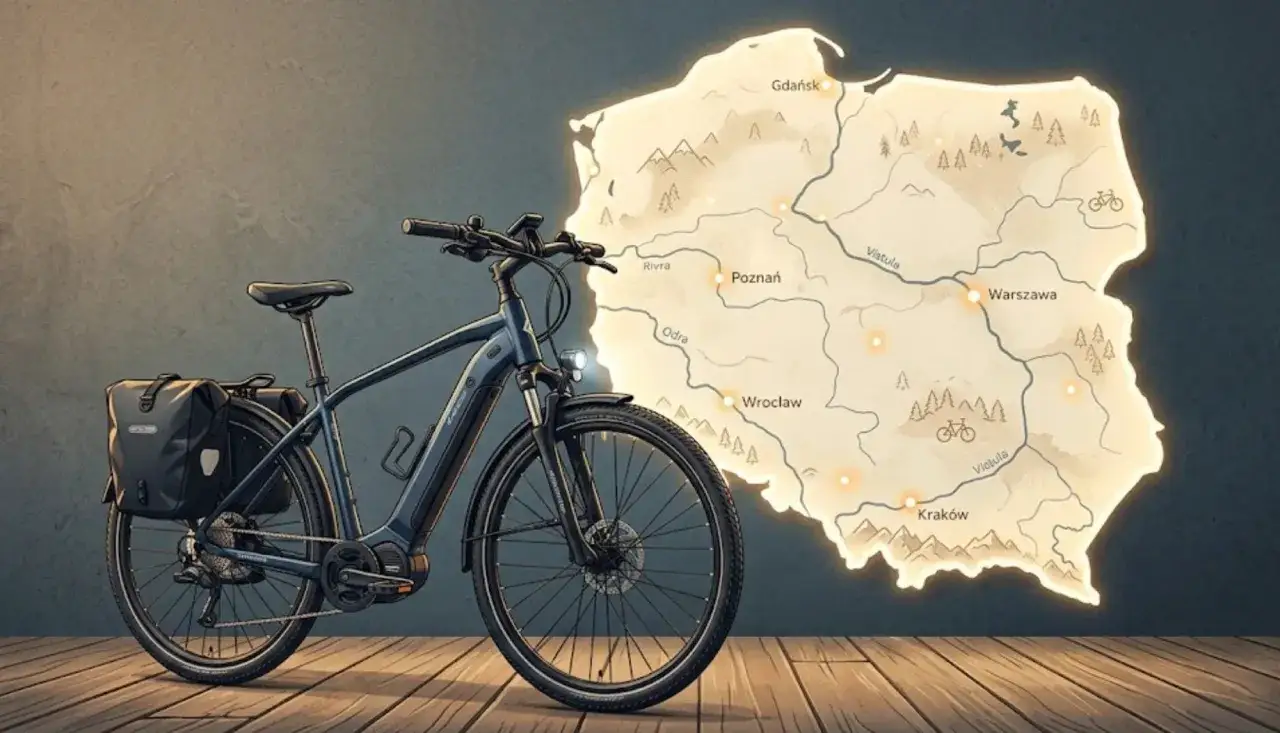 Rower elektryczny z sakwami obok mapy Polski, sugerujący podróżowanie po kraju. Poznaj rower elektryczny przepisy i odkrywaj Polskę!