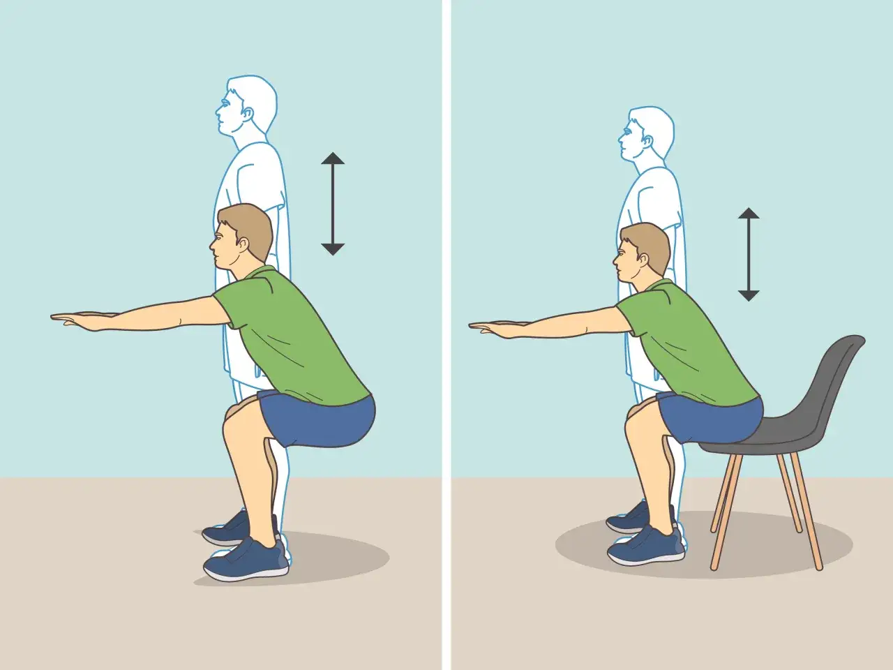 Ćwiczenia air squats: mężczyzna wykonuje przysiad bez obciążenia, a obok przykład z krzesłem.