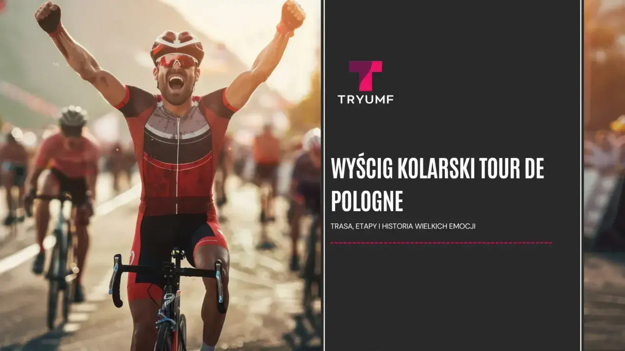 Kolarz świętuje zwycięstwo na trasie Tour de Pologne. W tle inni zawodnicy i tłum kibiców.
