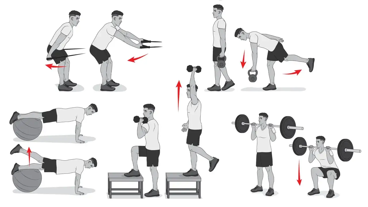 Ćwiczenia z gumą, hantlami, kettlebell, piłką gimnastyczną i sztangą. FBW dla pełnego treningu.